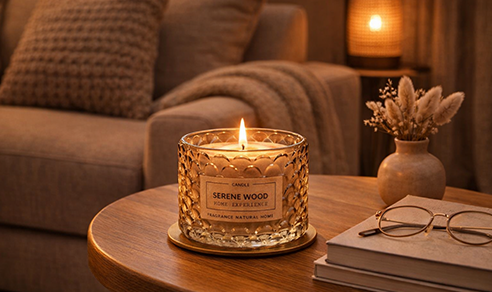 Lit candle on a wooden side table next to books and eyeglasses, with a sofa in the background.